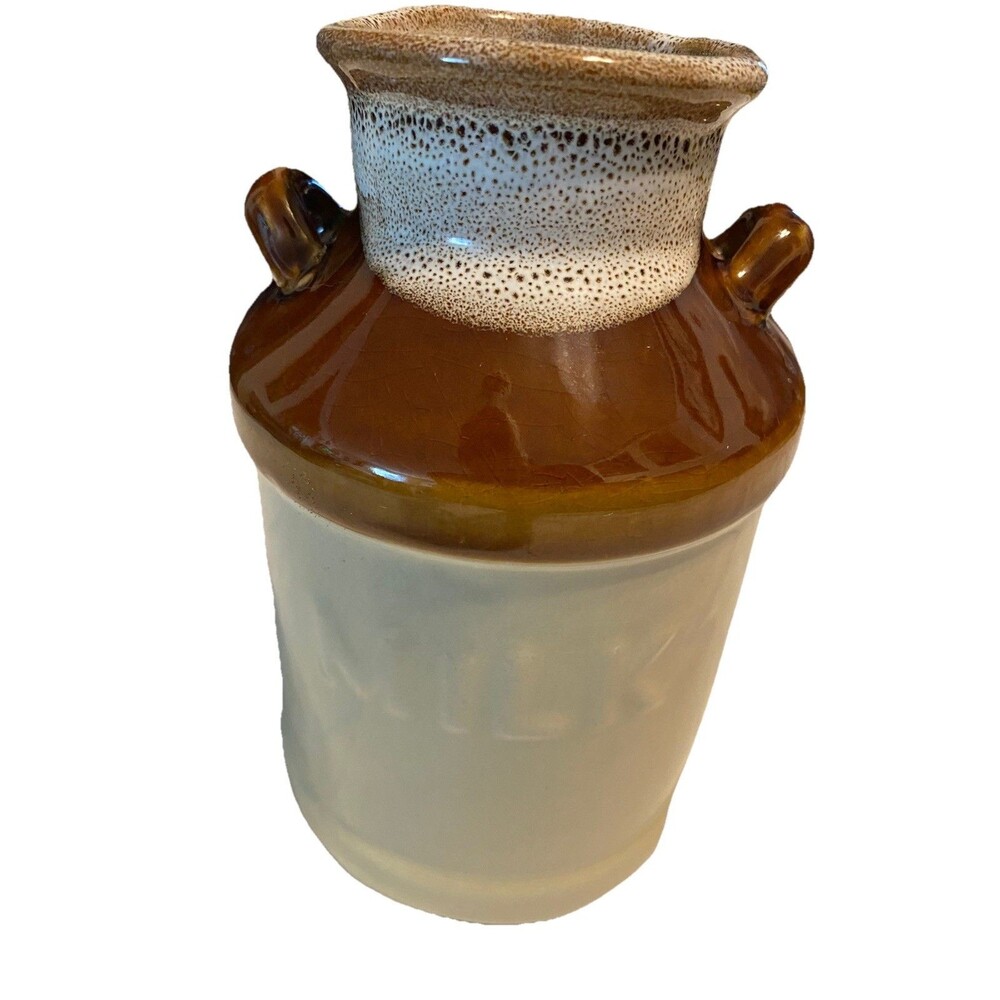 Vintage Ceramic Brown Tan Two-Tone Glazed Milk Jug Rustic Country Farmhouse